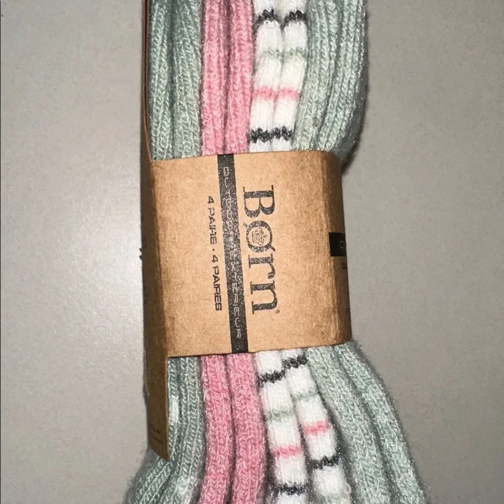 BORN OS Green White Pink Printed Fall Wool Blend Quarter Outdoor Warm Socks 4pk